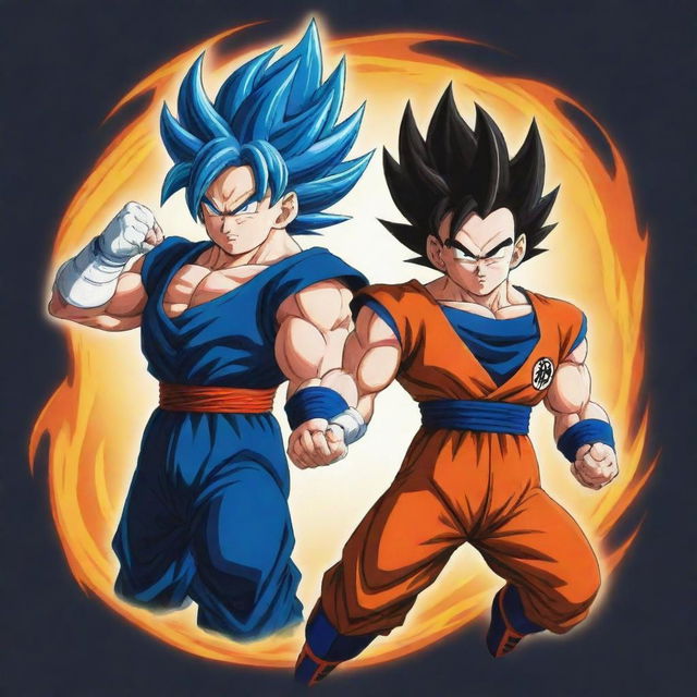 A powerful and dynamic logo featuring Goku and Vegeta from Dragon Ball, both generating a radiant Ki energy. Their legendary rivalry and camaraderie should be represented in energetic and vibrant colors.