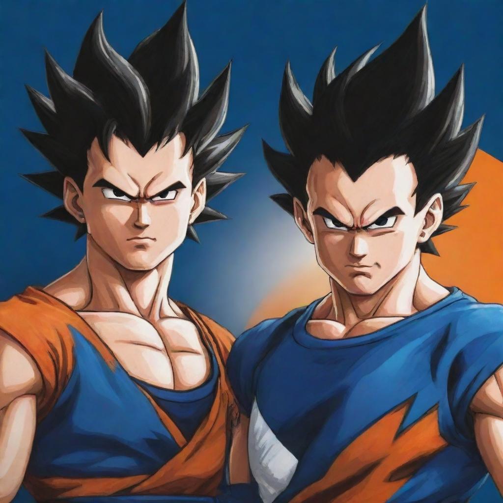 A dynamic and vibrant logo featuring Goku and Vegeta from Dragon Ball, locking eyes in fierce rivalry. Their unique outfits and hairstyles are instantly recognizable. The logo should be bold, showing their strong characters.