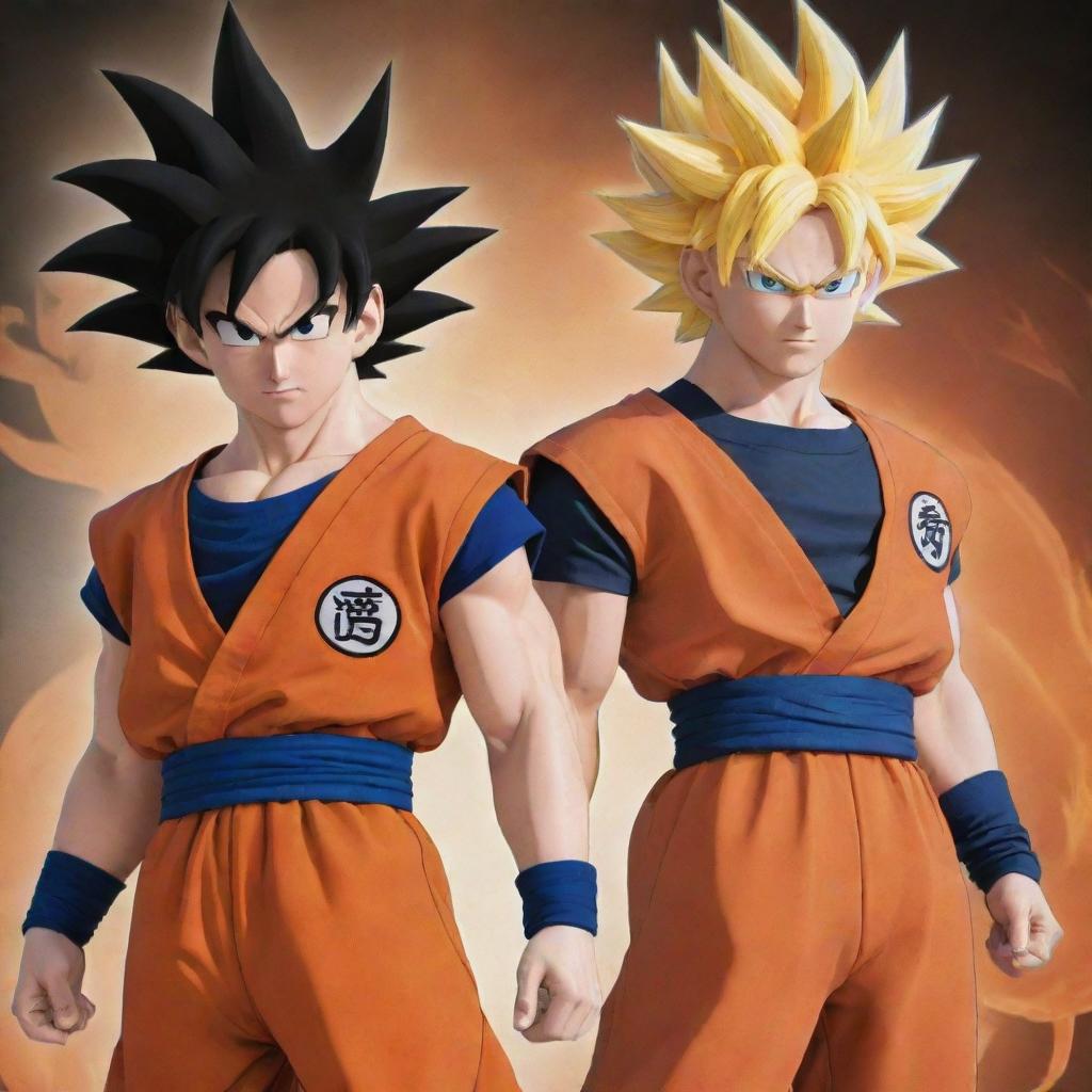 A dynamic image showcasing Goku from Dragon Ball and Naruto standing side by side, their signature hairstyles and costumes recognizable. Background elements should include iconic symbols from both universes.