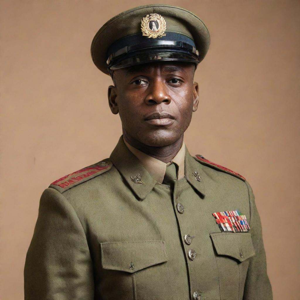 Alpha Condé dressed in military uniform, standing tall, expression full of determination