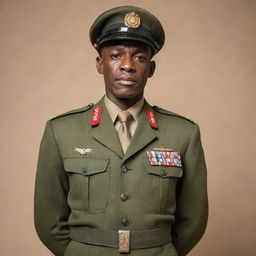 Alpha Condé dressed in military uniform, standing tall, expression full of determination