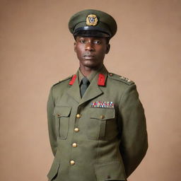 Alpha Condé dressed in military uniform, standing tall, expression full of determination