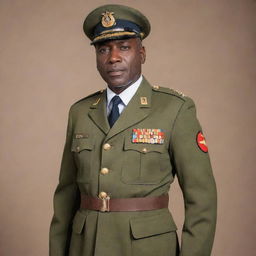 Alpha Condé dressed in military uniform, standing tall, expression full of determination