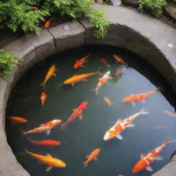 A serene hot spring bath with colorful koi fish swimming gracefully in the warm, steamy water.