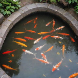 A serene hot spring bath with colorful koi fish swimming gracefully in the warm, steamy water.