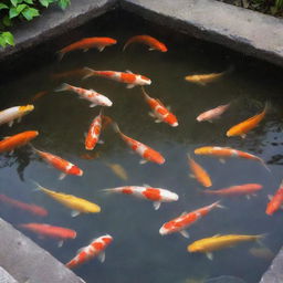 A serene hot spring bath with colorful koi fish swimming gracefully in the warm, steamy water.