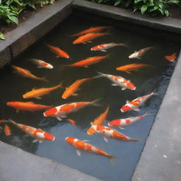 A serene hot spring bath with colorful koi fish swimming gracefully in the warm, steamy water.