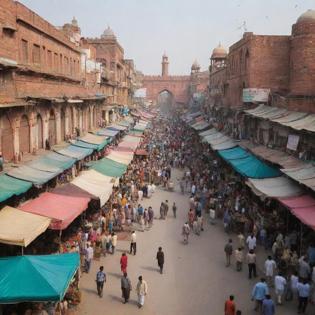 A beautiful panorama of a busy bazar in Lahore, Pakistan, with colorful stalls, local people, and traditional Pakistani architecture.