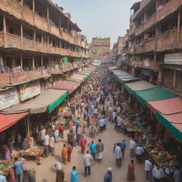 A beautiful panorama of a busy bazar in Lahore, Pakistan, with colorful stalls, local people, and traditional Pakistani architecture.