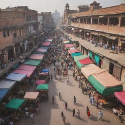 A beautiful panorama of a busy bazar in Lahore, Pakistan, with colorful stalls, local people, and traditional Pakistani architecture.