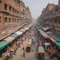 A beautiful panorama of a busy bazar in Lahore, Pakistan, with colorful stalls, local people, and traditional Pakistani architecture.