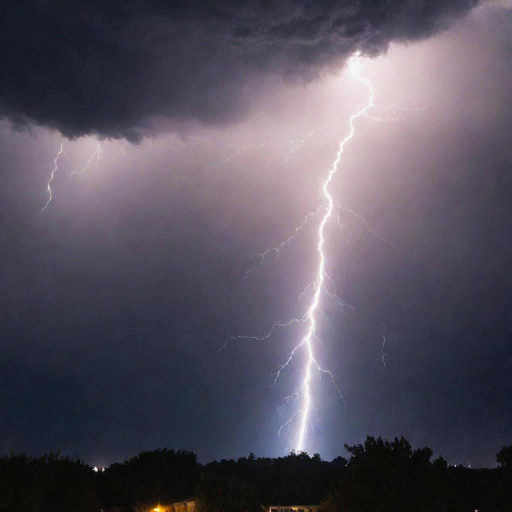 A dramatic rain shower filled with bright, crackling lightning bolts cutting through the darkened sky.