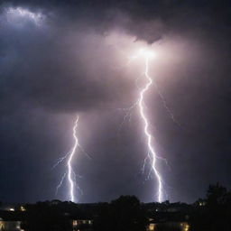 A dramatic rain shower filled with bright, crackling lightning bolts cutting through the darkened sky.