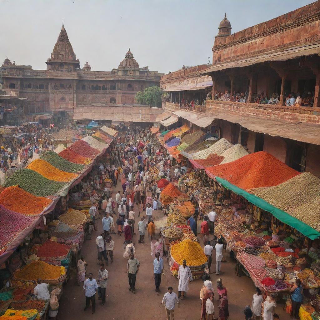 A vibrant Indian market scene, filled with colorful spices, textiles, and bustling crowds, with a backdrop of historical architecture.