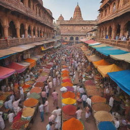 A vibrant Indian market scene, filled with colorful spices, textiles, and bustling crowds, with a backdrop of historical architecture.