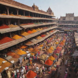 A vibrant Indian market scene, filled with colorful spices, textiles, and bustling crowds, with a backdrop of historical architecture.