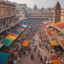 A vibrant Indian market scene, filled with colorful spices, textiles, and bustling crowds, with a backdrop of historical architecture.