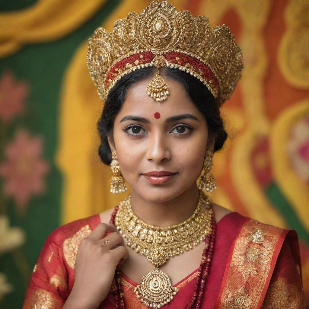 A traditional Bengali person adorned in cultural attire with elaborate gold jewelry, in a vibrant festival background, capturing the essence of Bengali culture.