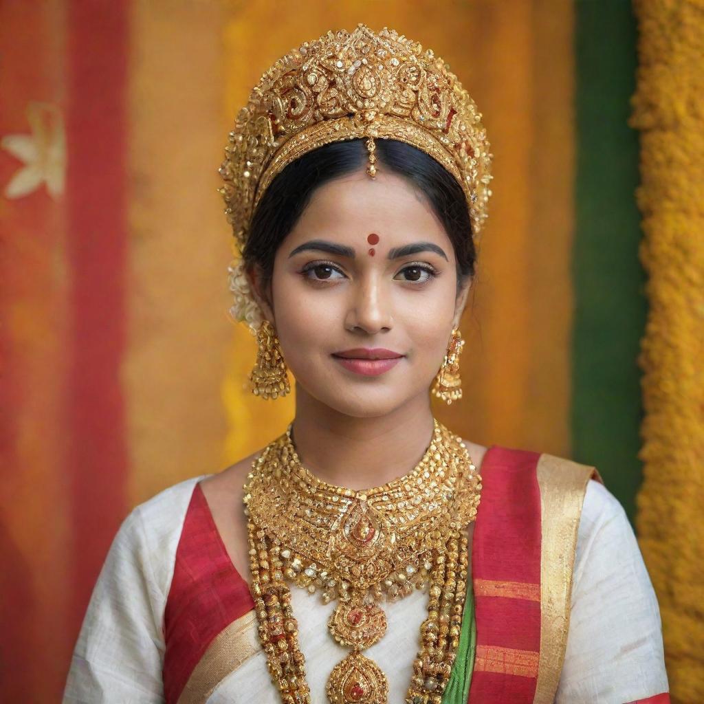 A traditional Bengali person adorned in cultural attire with elaborate gold jewelry, in a vibrant festival background, capturing the essence of Bengali culture.