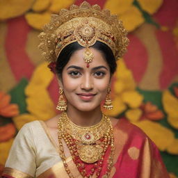 A traditional Bengali person adorned in cultural attire with elaborate gold jewelry, in a vibrant festival background, capturing the essence of Bengali culture.