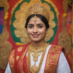 A traditional Bengali person adorned in cultural attire with elaborate gold jewelry, in a vibrant festival background, capturing the essence of Bengali culture.