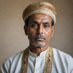 A portrait of a distinguished Bengali man adorned in traditional attire, with sharp features and a thoughtful expression on his face