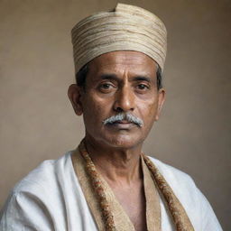 A portrait of a distinguished Bengali man adorned in traditional attire, with sharp features and a thoughtful expression on his face