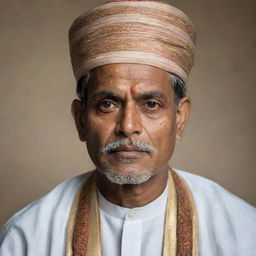 A portrait of a distinguished Bengali man adorned in traditional attire, with sharp features and a thoughtful expression on his face