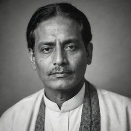 A portrait of a distinguished Bengali man adorned in traditional attire, with sharp features and a thoughtful expression on his face