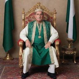 A noble and dignified king dressed in traditional Pakistani attire, seated on a throne with the national flag of Pakistan in the background.