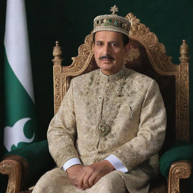 A noble and dignified king dressed in traditional Pakistani attire, seated on a throne with the national flag of Pakistan in the background.