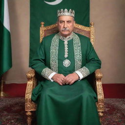 A noble and dignified king dressed in traditional Pakistani attire, seated on a throne with the national flag of Pakistan in the background.