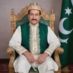 A noble and dignified king dressed in traditional Pakistani attire, seated on a throne with the national flag of Pakistan in the background.