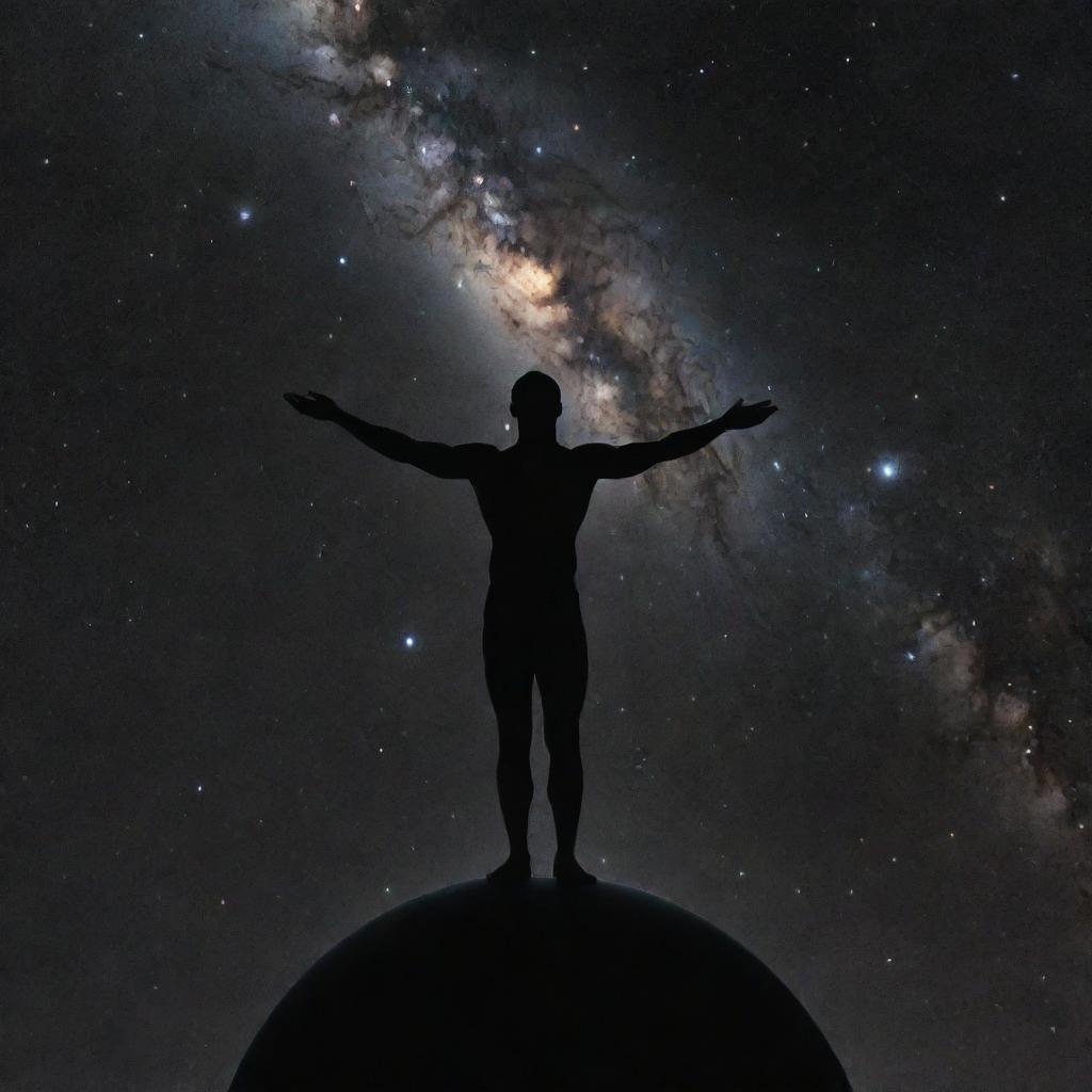 A towering, divine figure, arms outstretched, sculpting planets, stars, and galaxies amidst the infinite black canvas of space.