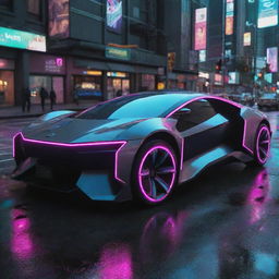 An average Cyberpunk-style car showcasing a futuristic, dystopian design, neon accents, self-driving capabilities, holographic interfaces, and advanced alloy structures