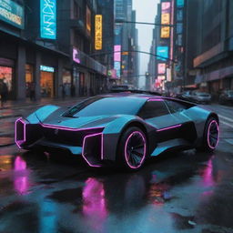 An average Cyberpunk-style car showcasing a futuristic, dystopian design, neon accents, self-driving capabilities, holographic interfaces, and advanced alloy structures