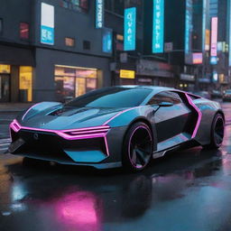 An average Cyberpunk-style car showcasing a futuristic, dystopian design, neon accents, self-driving capabilities, holographic interfaces, and advanced alloy structures