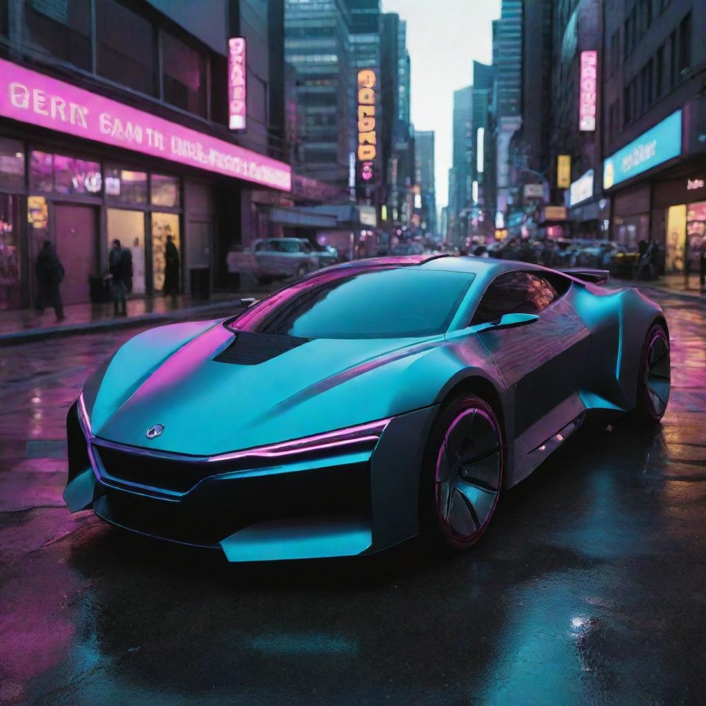 An average Cyberpunk-style car showcasing a futuristic, dystopian design, neon accents, self-driving capabilities, holographic interfaces, and advanced alloy structures