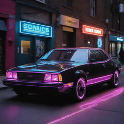 An average Electropunk-style car, combining a sleek digital design with vibrant neon lights and eclectic electronic gadgetry, showcasing the quintessential fusion of technology and electricity