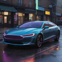 An average Electropunk-style car, combining a sleek digital design with vibrant neon lights and eclectic electronic gadgetry, showcasing the quintessential fusion of technology and electricity