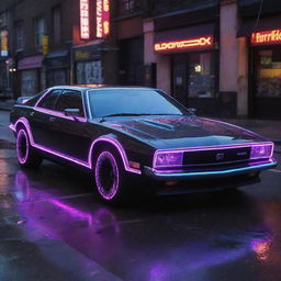 An average Electropunk-style car, combining a sleek digital design with vibrant neon lights and eclectic electronic gadgetry, showcasing the quintessential fusion of technology and electricity