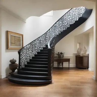 The modernist architect created a stunning staircase with churning patterns in the railings and steps.