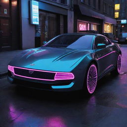 An average Electropunk-style car, combining a sleek digital design with vibrant neon lights and eclectic electronic gadgetry, showcasing the quintessential fusion of technology and electricity