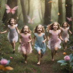 Children joyfully running amidst fairies and mythical creatures in a whimsical, enchanted world.