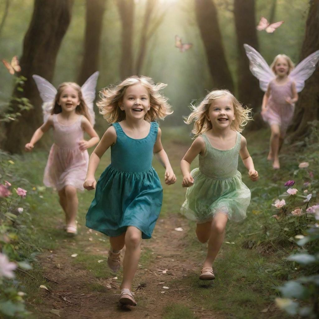 Children joyfully running amidst fairies and mythical creatures in a whimsical, enchanted world.