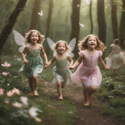 Children joyfully running amidst fairies and mythical creatures in a whimsical, enchanted world.