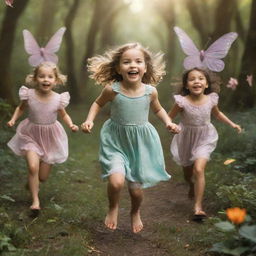 Children joyfully running amidst fairies and mythical creatures in a whimsical, enchanted world.