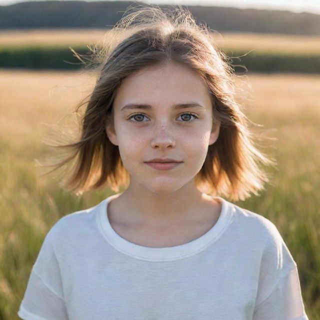 A young girl with shining, optimistic eyes, dressed in contemporary casual attire, standing in a sun-kissed field.