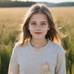 A young girl with shining, optimistic eyes, dressed in contemporary casual attire, standing in a sun-kissed field.