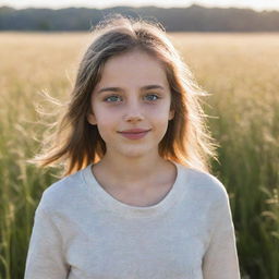 A young girl with shining, optimistic eyes, dressed in contemporary casual attire, standing in a sun-kissed field.